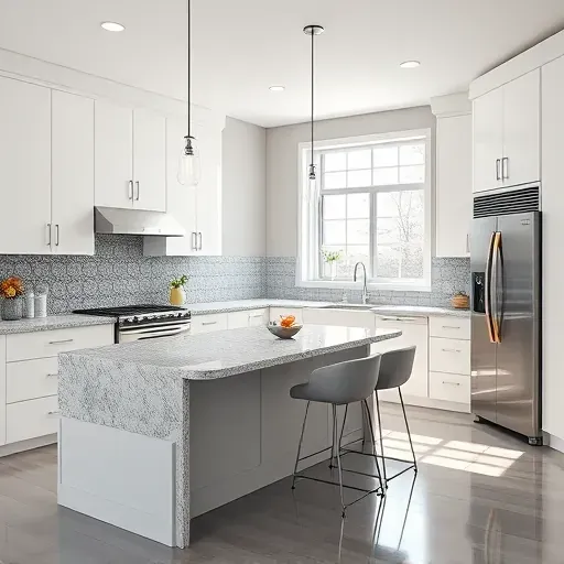 Modern kitchen remodel in Montgomery OH featuring sleek white and gray cabinetry, polished granite, and stainless steel appliances.