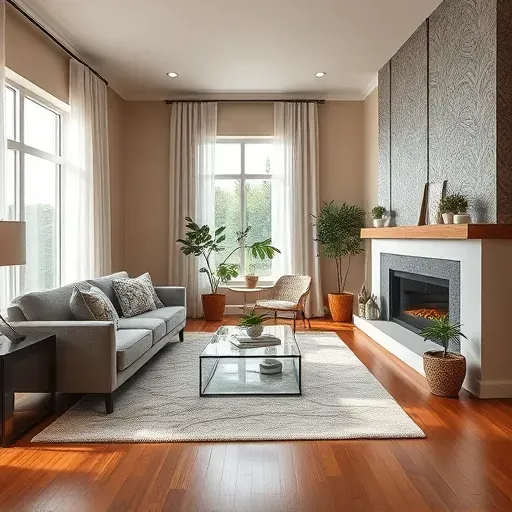Modern living room in Englewood OH, featuring neutral tones, plush gray sofa, textured wallpaper, and natural light.