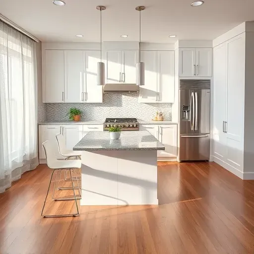 Modern Hamilton kitchen remodel with minimalist cabinetry, granite countertops, and natural light enhancing elegance.