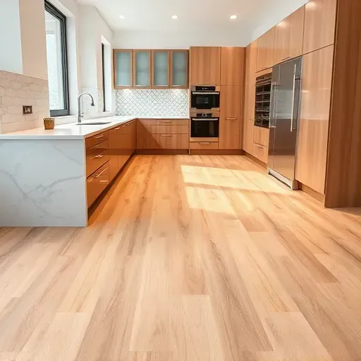Luxury vinyl wood grain kitchen flooring in a modern West Chester Township Ohio kitchen featuring sleek design, polished surfaces, and elegant lighting