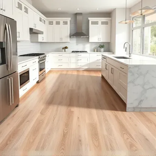 Luxury vinyl kitchen flooring with wood grain texture in a modern West Chester Township Ohio kitchen featuring white cabinets stainless steel appliances and marble island