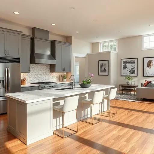 Renovated kitchen in Finneytown, OH, featuring gray cabinetry, marble countertops, and open living space with natural light.