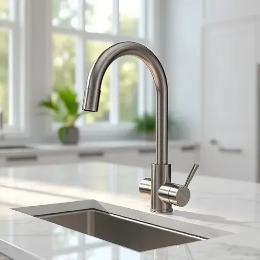 Stainless steel modern kitchen faucet on light granite counter in bright kitchen with natural light and greenery outside