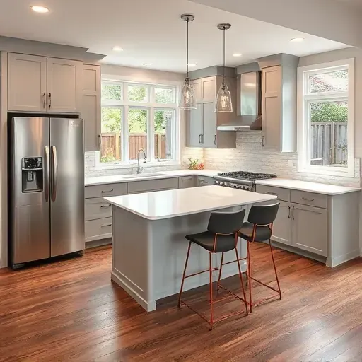 Modern kitchen remodel in Deer Park OH with gray cabinetry, quartz countertops, stainless steel appliances, and natural light.