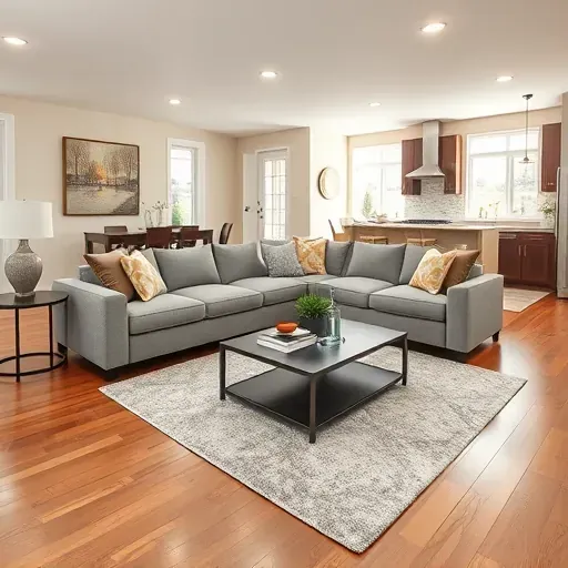 Modern Germantown living room with large windows, stylish decor, hardwood floors, and open kitchen design.