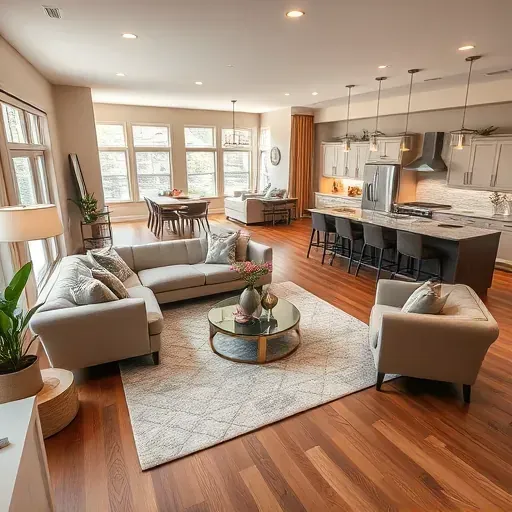 Modern open-concept living room in Liberty Township, OH with warm tones, wooden floors, and large windows.