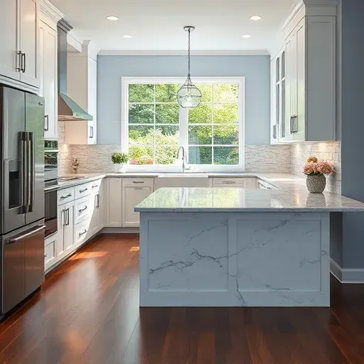 Modern kitchen remodel in Sharonville, OH with marble island, stainless steel appliances, and elegant cabinetry.