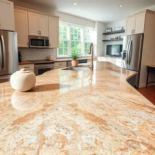 Stunning polished granite kitchen countertop in West Chester Ohio with natural light, sleek appliances, and modern decor