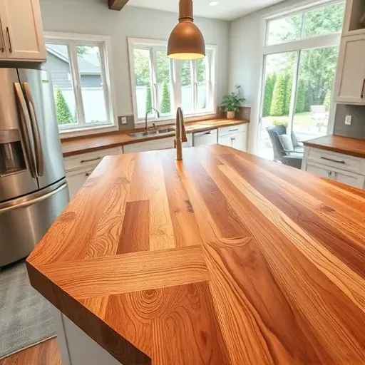 Beautiful West Chester Township kitchen with a polished butcher block countertop showcasing rich wood tones, detailed grain, and seamless joinery