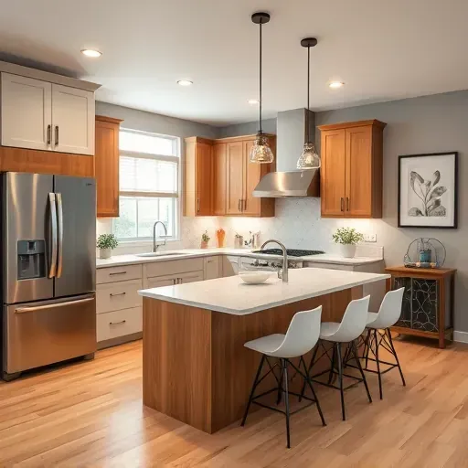 Modern kitchen in Blue Ash, OH featuring high-end appliances, quartz countertops, and warm oak flooring.