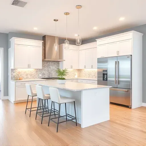 Modern kitchen remodel in Greenhills OH features sleek cabinetry, quartz island, geometric backsplash, and warm lighting.
