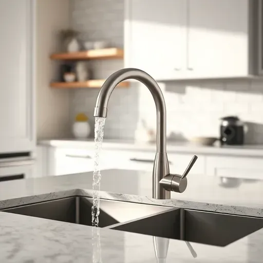 Newly installed stainless steel kitchen faucet with water splash in a modern organized kitchen featuring granite countertops and subway tile backsplash