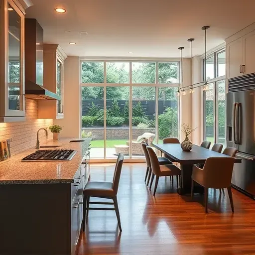 Modern kitchen remodel in Mason, OH with sleek cabinetry, granite countertops, stainless steel appliances, and elegant dining area.
