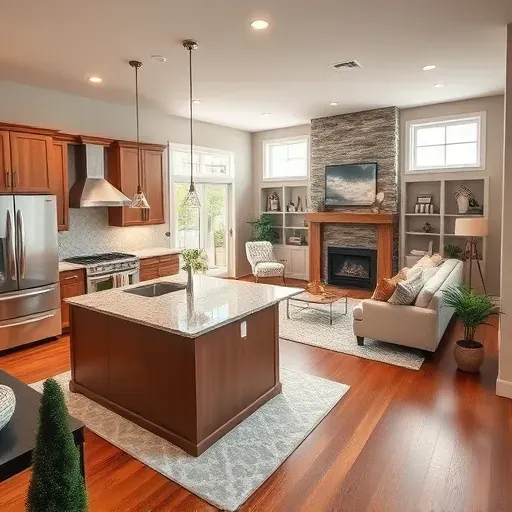 Modern kitchen and living area in Wyoming, OH, featuring sleek appliances, granite island, and elegant decor.