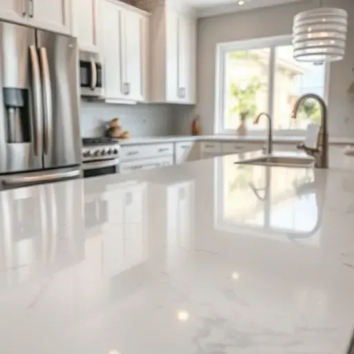 Close-up of a glossy solid surface kitchen countertop in West Chester Township Ohio with modern appliances and neutral decor