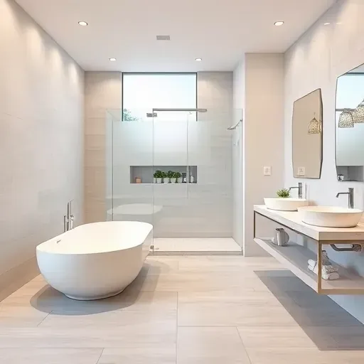 Remodeled West Chester Ohio bathroom with modern fixtures, walk-in glass shower, freestanding tub, marble vanity, and natural light