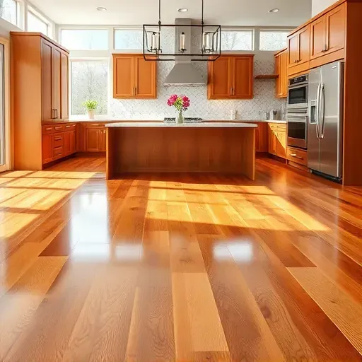 Beautiful polished hardwood kitchen flooring in a modern West Chester Township Ohio kitchen with natural light and sleek design