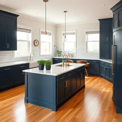 Modern kitchen remodel in Lebanon OH with navy cabinetry, quartz island, hardwood floors, and elegant decor.