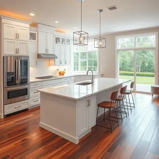 Modern kitchen remodel in Loveland OH with sleek appliances, white cabinetry, hardwood floors, and ambient lighting.