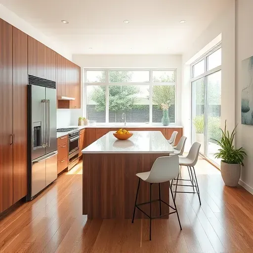 Modern kitchen remodel in Springdale OH with walnut cabinetry, quartz countertops, stainless appliances, and natural light.