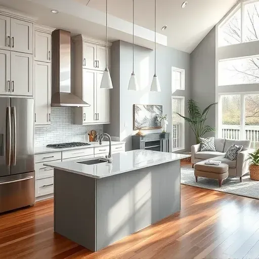 Modern kitchen remodel in Maineville OH featuring elegant quartz countertops, stylish cabinetry, and cozy living area.