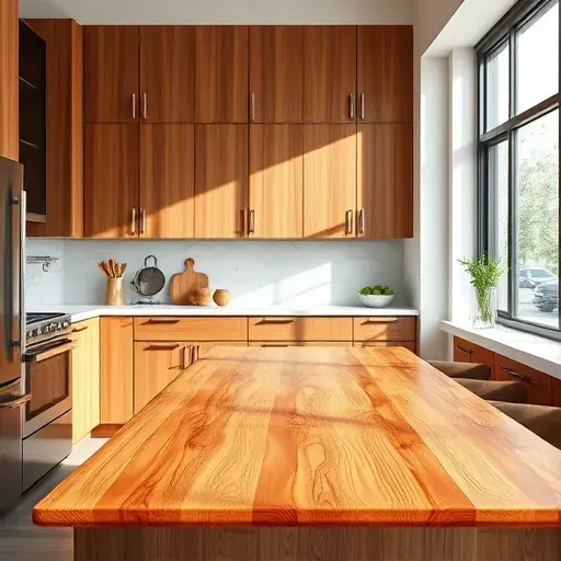 Smooth warm-toned wood butcher block countertop with fine grain in a modern kitchen with stainless steel appliances and natural light