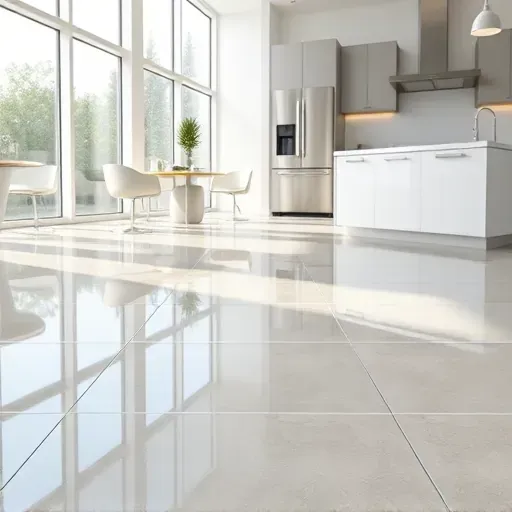 Close-up of glossy ceramic tile flooring in a modern West Chester kitchen with sleek design and natural light.