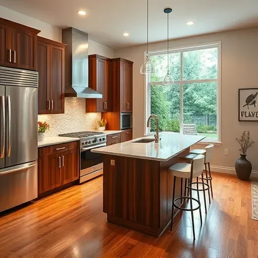 Beautiful kitchen remodel in South Lebanon featuring walnut cabinetry, quartz countertops, and polished hardwood floors.