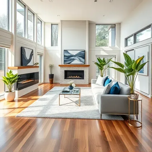 Remodeled modern living room in Colerain Township OH with open floor plan and stylish decor in neutral and blue tones.