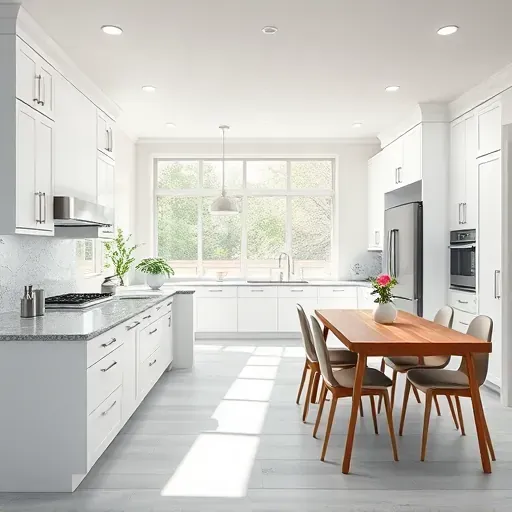 Modern kitchen remodel in Clayton OH featuring white cabinetry, granite island, marble backsplash and stainless steel appliances.