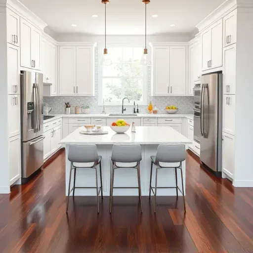 Remodeled kitchen in Norwood OH with white cabinetry, quartz countertops, stainless steel appliances, and dark hardwood flooring.
