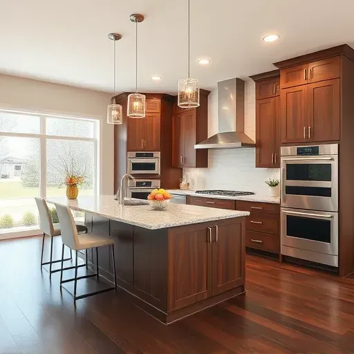 Modern kitchen remodel in Reading OH features sleek granite, walnut cabinetry, pendant lighting, and airy atmosphere.