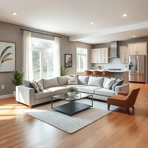 Modern living room remodel in Sharonville, OH with sectional sofa, glass coffee table, and sleek kitchen features.