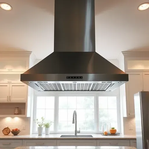 Freshly installed stainless steel kitchen vent hood in modern West Chester Township Ohio kitchen with sleek cabinetry granite countertops and natural light