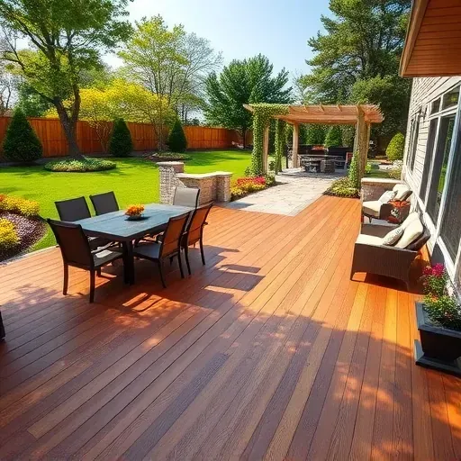 Beautiful finished wooden deck and patio in West Chester Ohio with outdoor furniture, lush backyard, and a stone pathway