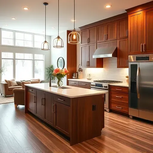 Modern kitchen remodel in Mason, OH featuring rich wood cabinetry, quartz countertops, pendant lighting, and open layout.