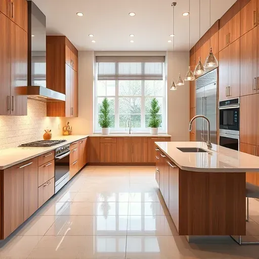 Modern kitchen remodel in Springboro OH features polished quartz countertops, elegant cabinetry, and spacious island design.