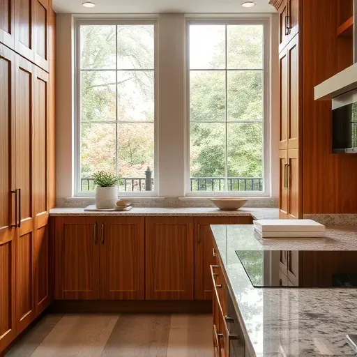 Custom crafted West Chester Township kitchen cabinets with woodgrain textures, granite countertops, natural daylight and elegant modern design
