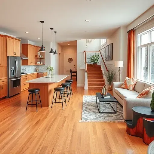 A modern open-concept living area in Dayton, OH featuring a stylish kitchen, cozy living room, and inviting decor.