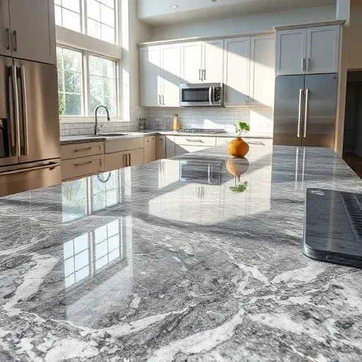 Meticulously crafted black and gray granite countertops with white veining in a modern West Chester kitchen featuring sleek cabinetry and stainless steel appliances