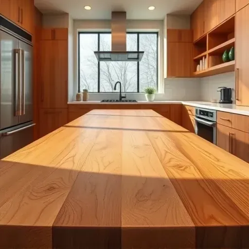 Beautiful wooden butcher block countertop with detailed grain in a modern kitchen with stainless appliances and natural light