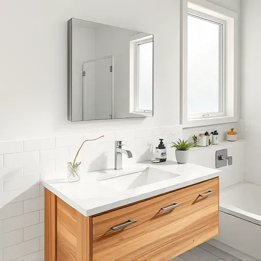 Modern bathroom vanity in West Chester Township featuring a wooden countertop, brushed nickel mirror, marble backsplash, and minimalist fixtures