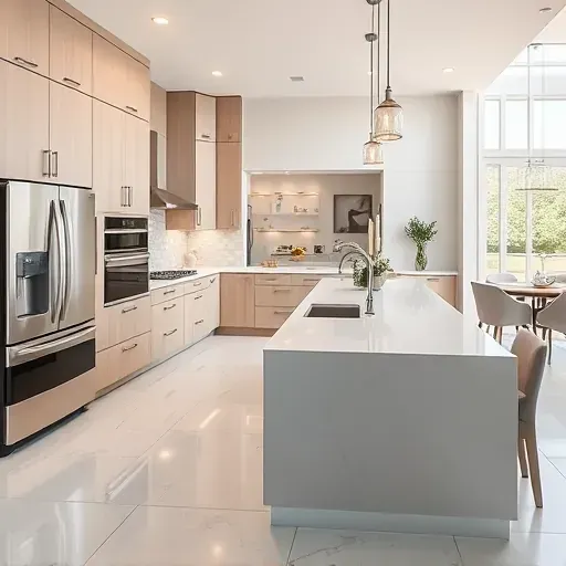 Modern kitchen remodel in West Chester Township showcasing quartz countertops, sleek cabinetry, and spacious design.