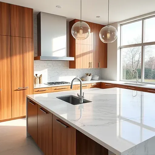 Newly completed modern kitchen with marble countertops wooden cabinetry stainless steel appliances pendant lighting and stylish backsplash in West Chester Township Ohio