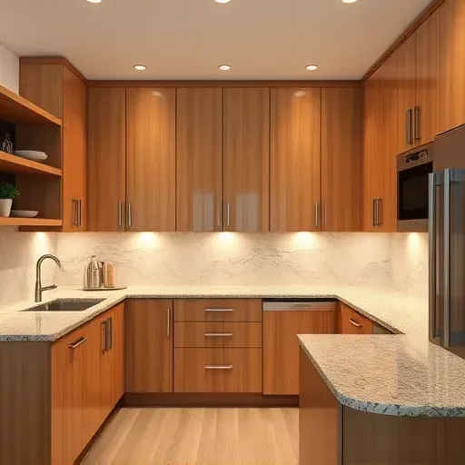 Renovated modern kitchen with high-gloss wood cabinets, polished countertops, stylish backsplash, and efficient lighting.