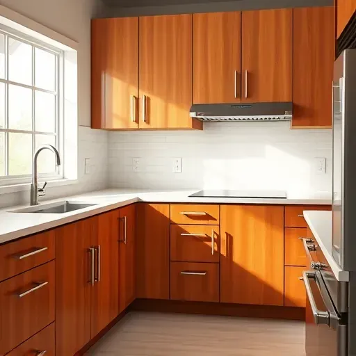 Refurbished West Chester kitchen with high-gloss wood cabinets, stainless steel handles, quartz countertops, neutral tile backsplash