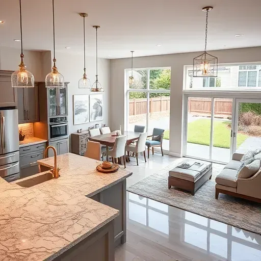 Modern remodeled kitchen in Montgomery OH with sleek appliances, polished granite, and bright living space design.