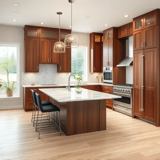 Stunning Blue Ash kitchen renovation with walnut cabinets, granite countertops, modern island, and marble backsplash.