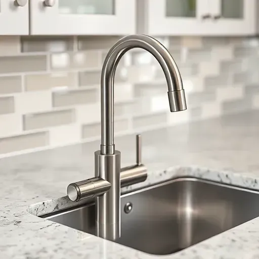 Seamless stainless steel kitchen faucet install in West Chester Ohio with granite counter and glass tile backsplash