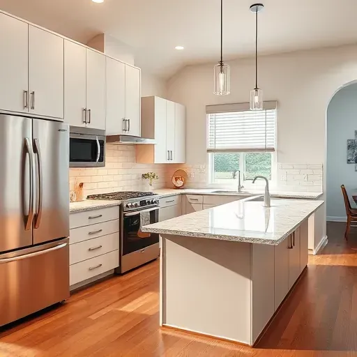 Renovated kitchen in West Chester Township, modern cabinetry, granite island, stainless appliances, hardwood floors, warm ambiance.